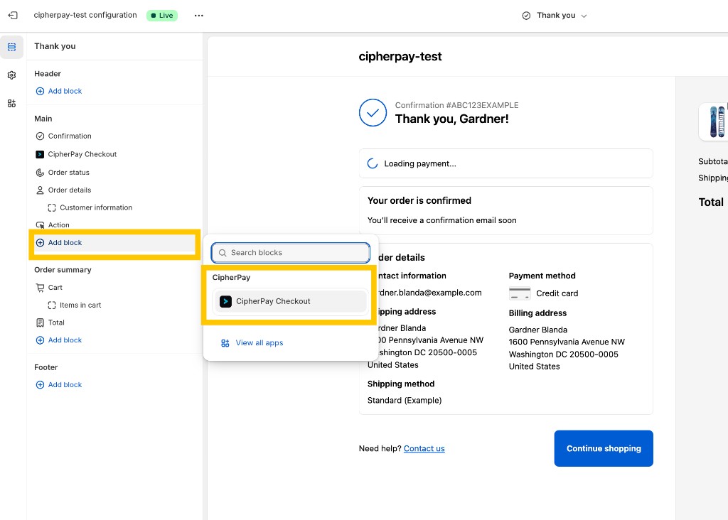 Add CipherPay Checkout block