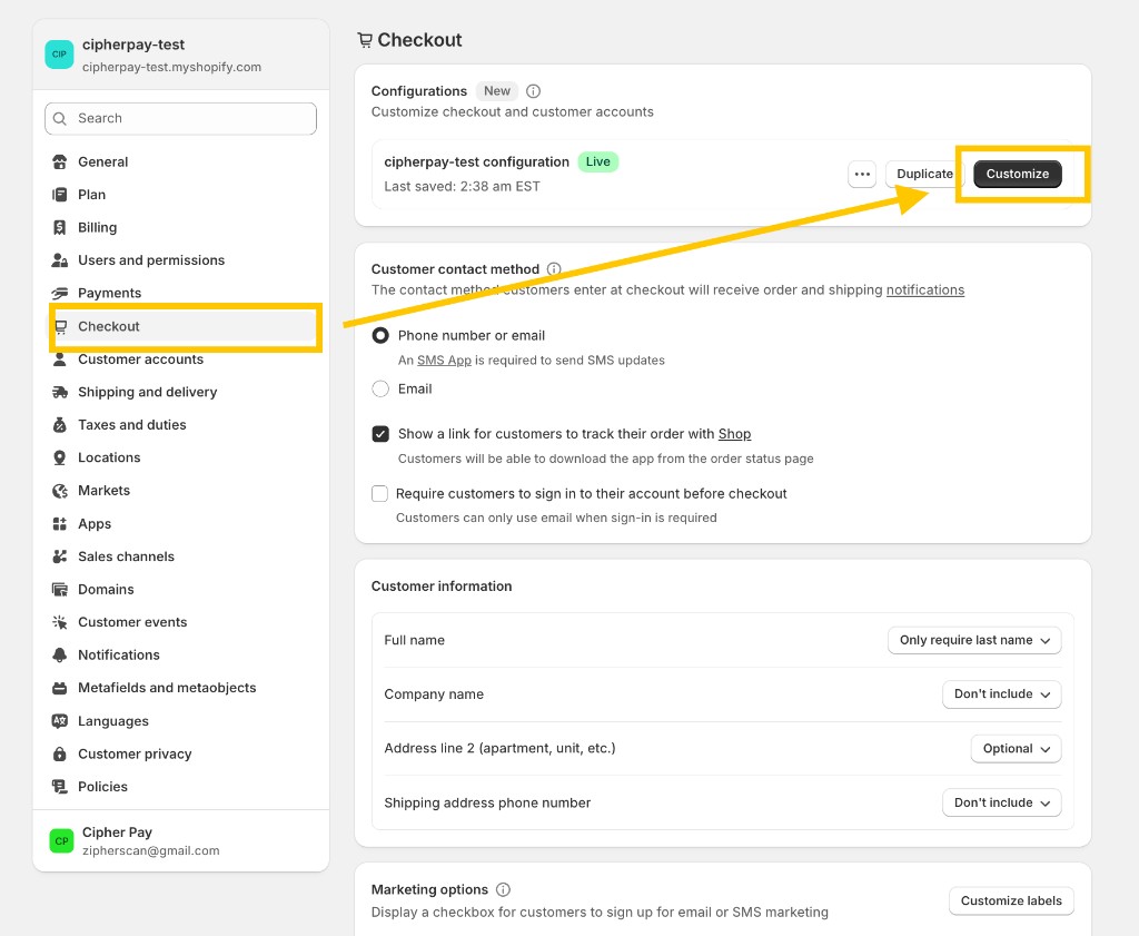 Shopify Checkout settings — click Customize