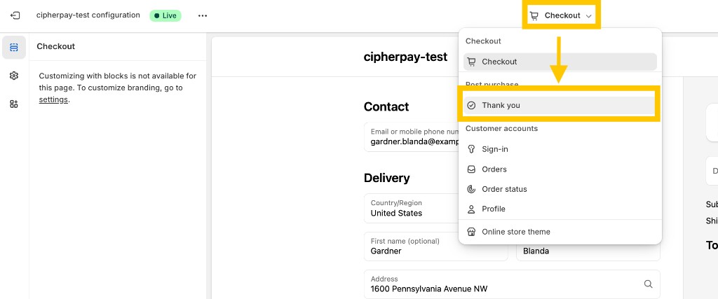 Select Thank you page in the checkout editor